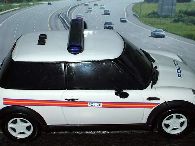 In front of the picture, we see a white car on which "Police" is written. Behind that, there are...